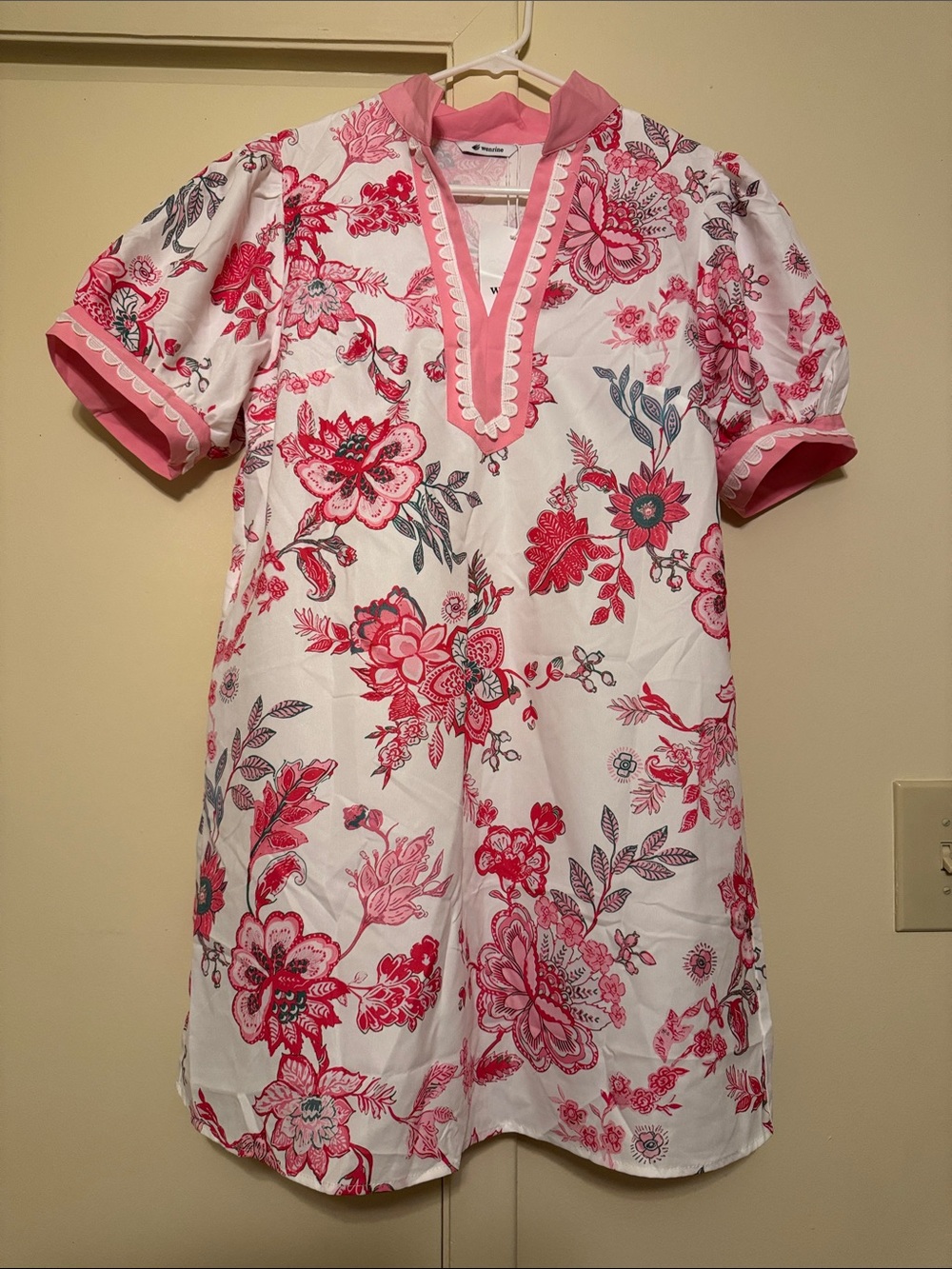 White Floral Short-Sleeve Dress with Pink Trim